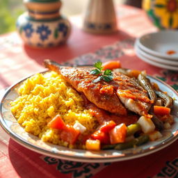 A vibrant and enticing plate of Thieboudienne, the traditional Senegalese dish