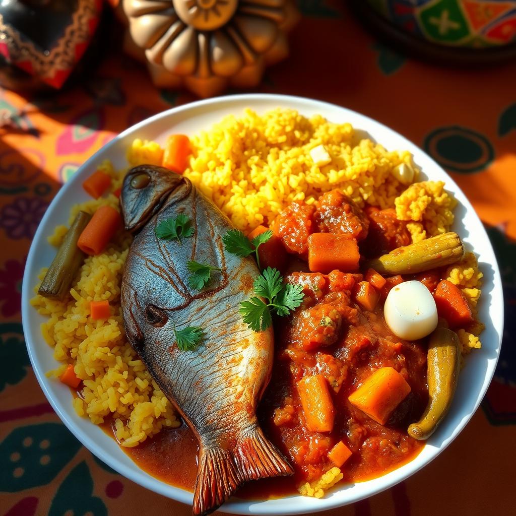 A vibrant and enticing plate of Thieboudienne, the traditional Senegalese dish