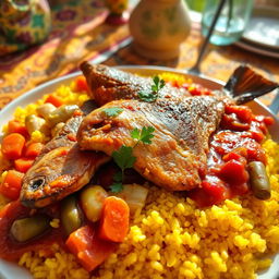 A vibrant and enticing plate of Thieboudienne, the traditional Senegalese dish