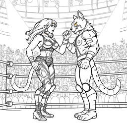 A black outline illustration for a coloring book featuring a dramatic wrestling match between a muscular woman and a humanoid cat creature