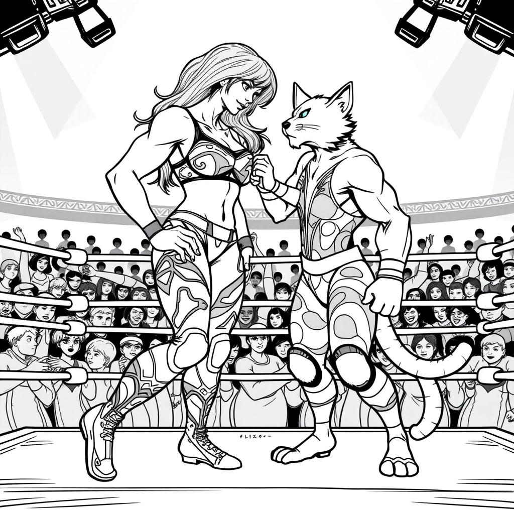 A black outline illustration for a coloring book featuring a dramatic wrestling match between a muscular woman and a humanoid cat creature