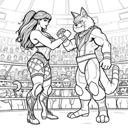 A black outline illustration for a coloring book featuring a dramatic wrestling match between a muscular woman and a humanoid cat creature