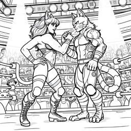 A black outline illustration for a coloring book featuring a dramatic wrestling match between a muscular woman and a humanoid cat creature