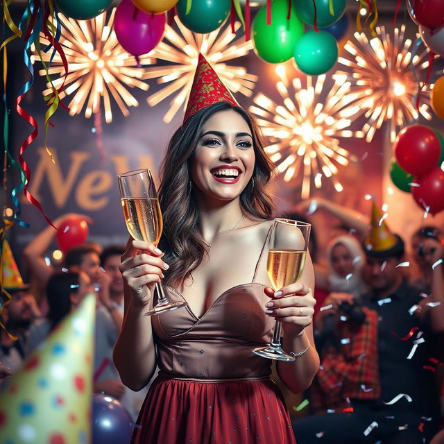 A joyful New Year celebration with a young woman, surrounded by festive decorations like colorful streamers, balloons, and sparkling lights