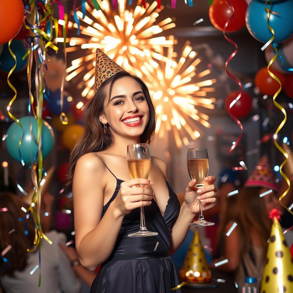 A joyful New Year celebration with a young woman, surrounded by festive decorations like colorful streamers, balloons, and sparkling lights