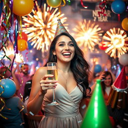 A joyful New Year celebration with a young woman, surrounded by festive decorations like colorful streamers, balloons, and sparkling lights