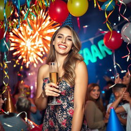 A joyful New Year celebration with a young woman, surrounded by festive decorations like colorful streamers, balloons, and sparkling lights