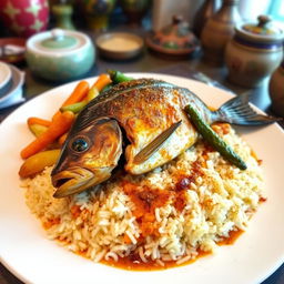A beautifully plated dish of Thieboudienne, a traditional Senegalese rice and fish meal