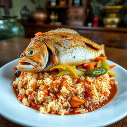 A beautifully plated dish of Thieboudienne, a traditional Senegalese rice and fish meal