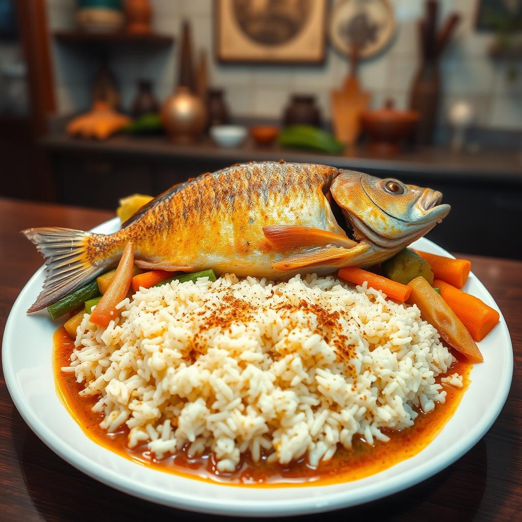 A beautifully plated dish of Thieboudienne, a traditional Senegalese rice and fish meal