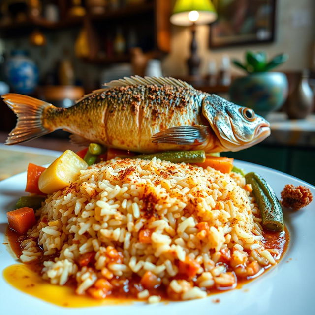 A beautifully plated dish of Thieboudienne, a traditional Senegalese rice and fish meal