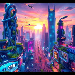 A vibrant and imaginative AI-generated artwork depicting a futuristic cityscape, showcasing towering skyscrapers with organic shapes, lush vertical gardens flourishing on the buildings, and bustling streets filled with people using advanced technology