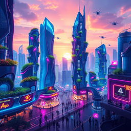 A vibrant and imaginative AI-generated artwork depicting a futuristic cityscape, showcasing towering skyscrapers with organic shapes, lush vertical gardens flourishing on the buildings, and bustling streets filled with people using advanced technology