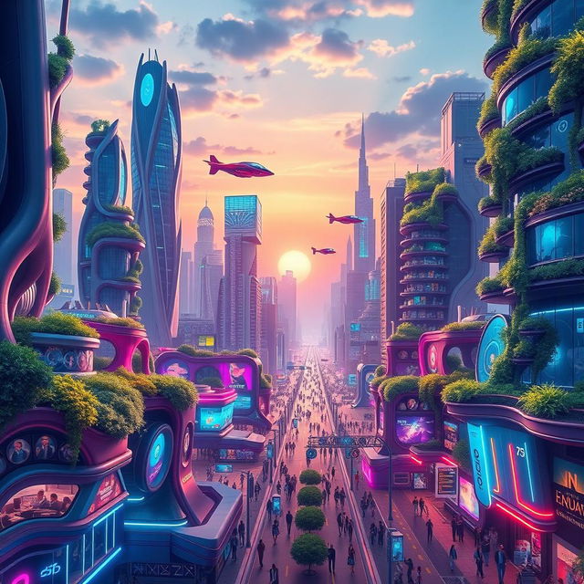 A vibrant and imaginative AI-generated artwork depicting a futuristic cityscape, showcasing towering skyscrapers with organic shapes, lush vertical gardens flourishing on the buildings, and bustling streets filled with people using advanced technology