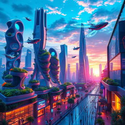 A vibrant and imaginative AI-generated artwork depicting a futuristic cityscape, showcasing towering skyscrapers with organic shapes, lush vertical gardens flourishing on the buildings, and bustling streets filled with people using advanced technology