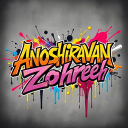A bold and colorful graffiti artwork featuring the words "Anoushiravan" and "Zohreh" as the central focus