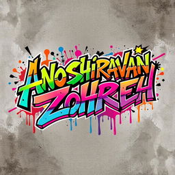 A bold and colorful graffiti artwork featuring the words "Anoushiravan" and "Zohreh" as the central focus