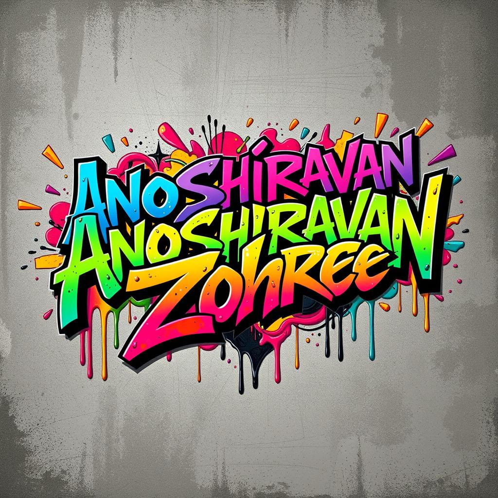 A bold and colorful graffiti artwork featuring the words "Anoushiravan" and "Zohreh" as the central focus