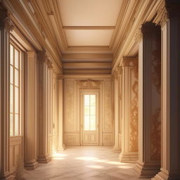 Render a neoclassical room, notable for its crooked short walls, emphasizing on intricate detailing typical of the neoclassical style