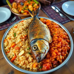 A vibrant and colorful dish of Thieboudienne, the traditional Senegalese fish and rice meal, beautifully arranged on a large platter