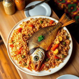 A vibrant and colorful dish of Thieboudienne, the traditional Senegalese fish and rice meal, beautifully arranged on a large platter