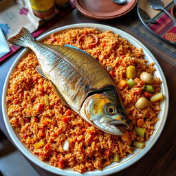 A vibrant and colorful dish of Thieboudienne, the traditional Senegalese fish and rice meal, beautifully arranged on a large platter