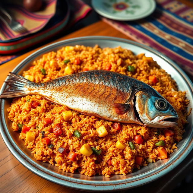 A vibrant and colorful dish of Thieboudienne, the traditional Senegalese fish and rice meal, beautifully arranged on a large platter