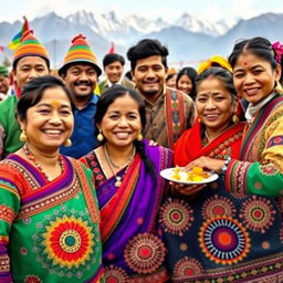A vibrant and colorful portrait of a group of Nepali people dressed in traditional attire
