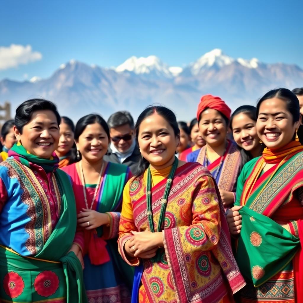 A vibrant and colorful portrait of a group of Nepali people dressed in traditional attire