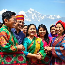 A vibrant and colorful portrait of a group of Nepali people dressed in traditional attire