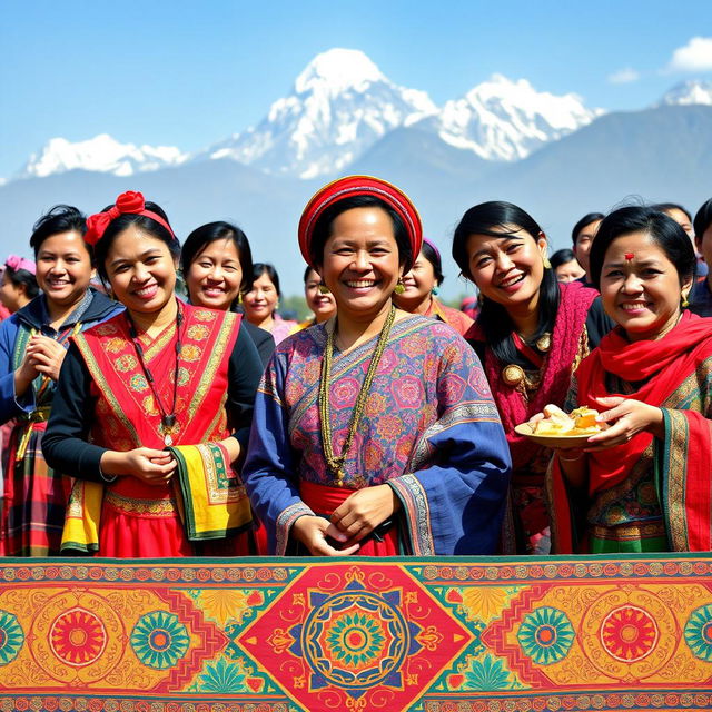 A vibrant and colorful portrait of a group of Nepali people dressed in traditional attire