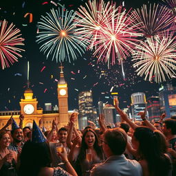 A vibrant and festive New Year's celebration scene, filled with colorful fireworks lighting up the night sky above a lively cityscape