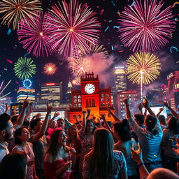 A vibrant and festive New Year's celebration scene, filled with colorful fireworks lighting up the night sky above a lively cityscape