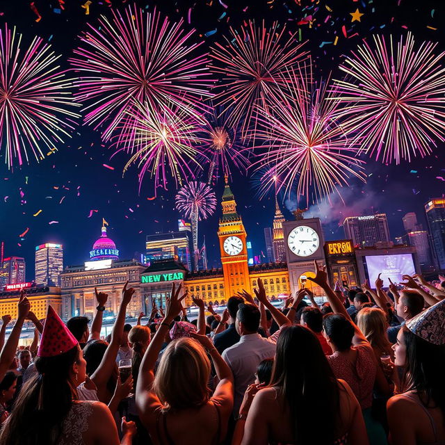 A vibrant and festive New Year's celebration scene, filled with colorful fireworks lighting up the night sky above a lively cityscape