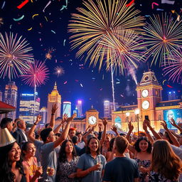 A vibrant and festive New Year's celebration scene, filled with colorful fireworks lighting up the night sky above a lively cityscape