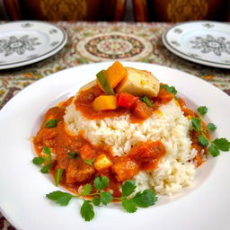 A beautifully presented dish of Thieboudienne, a traditional Senegalese meal featuring perfectly cooked rice topped with flavorful fish, vibrant vegetables, and a rich tomato sauce