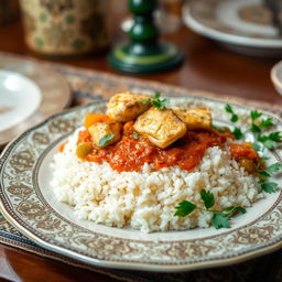A beautifully presented dish of Thieboudienne, a traditional Senegalese meal featuring perfectly cooked rice topped with flavorful fish, vibrant vegetables, and a rich tomato sauce
