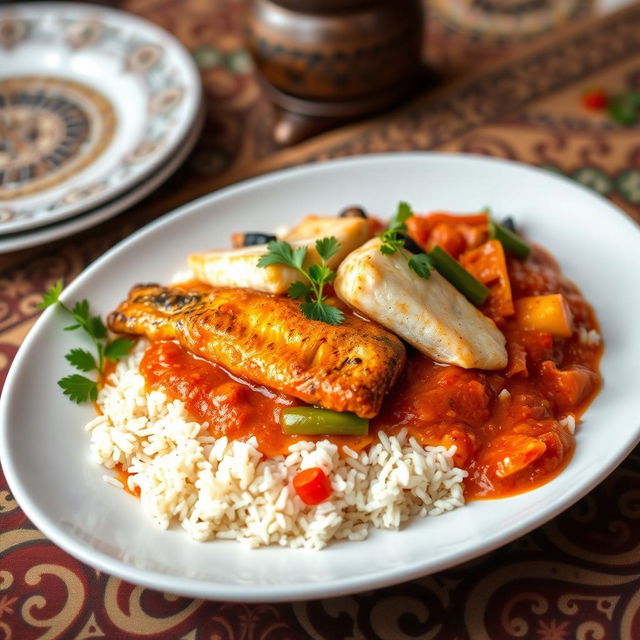 A beautifully presented dish of Thieboudienne, a traditional Senegalese meal featuring perfectly cooked rice topped with flavorful fish, vibrant vegetables, and a rich tomato sauce