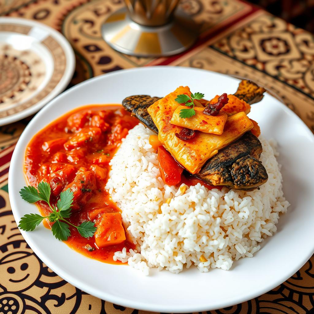 A beautifully presented dish of Thieboudienne, a traditional Senegalese meal featuring perfectly cooked rice topped with flavorful fish, vibrant vegetables, and a rich tomato sauce