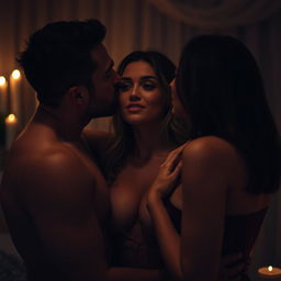 A sensual scene featuring two adult figures passionately kissing a woman, who is looking at them seductively with her mouth slightly open, giving off an enticing vibe