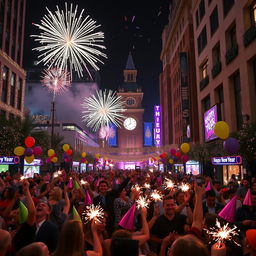 A vibrant New Year's celebration scene in a city, showcasing fireworks illuminating the night sky, crowds of joyful people wearing colorful party hats and holding sparklers