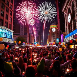 A vibrant New Year's celebration scene in a city, showcasing fireworks illuminating the night sky, crowds of joyful people wearing colorful party hats and holding sparklers