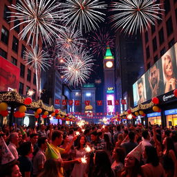 A vibrant New Year's celebration scene in a city, showcasing fireworks illuminating the night sky, crowds of joyful people wearing colorful party hats and holding sparklers