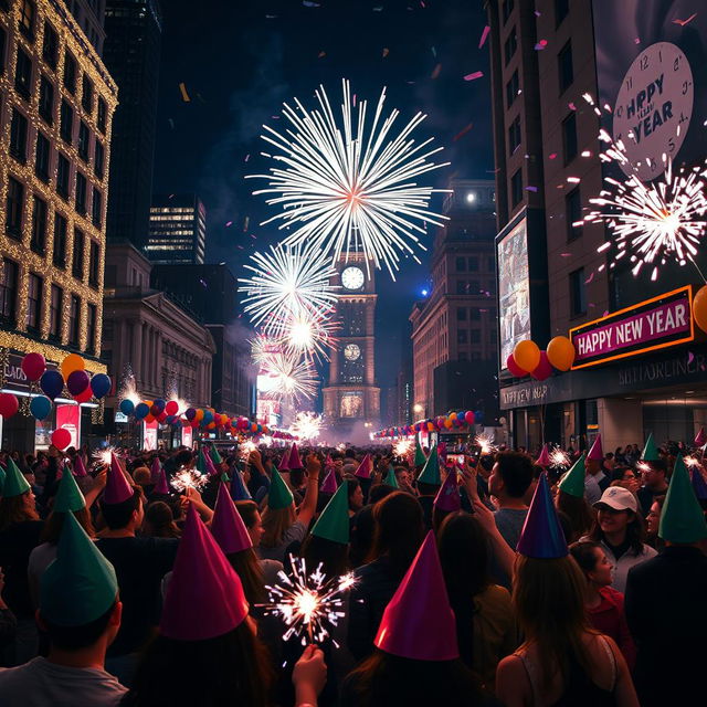 A vibrant New Year's celebration scene in a city, showcasing fireworks illuminating the night sky, crowds of joyful people wearing colorful party hats and holding sparklers