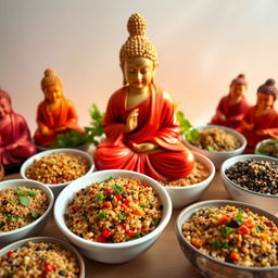 A vibrant and colorful display of Buddha statues surrounded by healthy bowls of quinoa, featuring different variations of quinoa grain, some mixed with vegetables and nuts