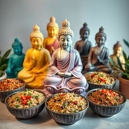 A vibrant and colorful display of Buddha statues surrounded by healthy bowls of quinoa, featuring different variations of quinoa grain, some mixed with vegetables and nuts