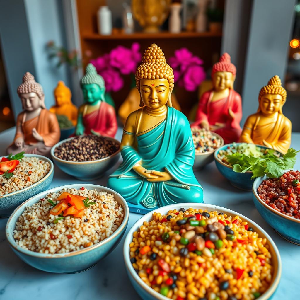 A vibrant and colorful display of Buddha statues surrounded by healthy bowls of quinoa, featuring different variations of quinoa grain, some mixed with vegetables and nuts