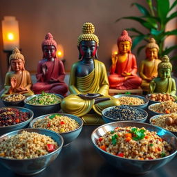A vibrant and colorful display of Buddha statues surrounded by healthy bowls of quinoa, featuring different variations of quinoa grain, some mixed with vegetables and nuts