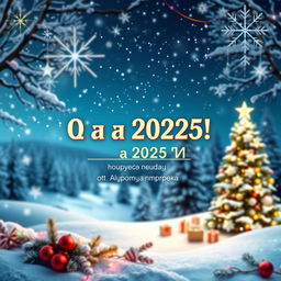 A festive New Year greeting card design featuring a beautiful winter scene with an elegant snow-covered landscape and sparkling stars in the night sky