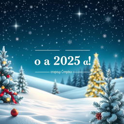 A festive New Year greeting card design featuring a beautiful winter scene with an elegant snow-covered landscape and sparkling stars in the night sky